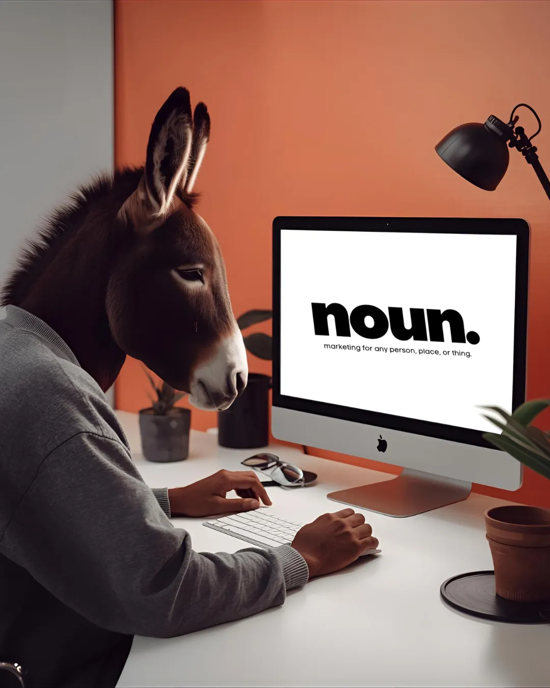 A donkey designing the noun logo on a computer