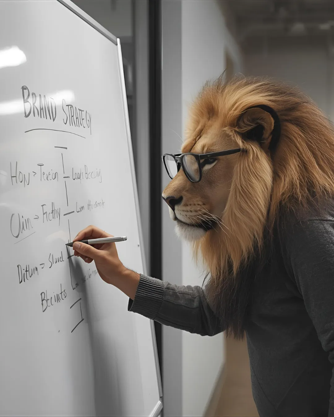 A lion mapping out a plan on a whiteboard