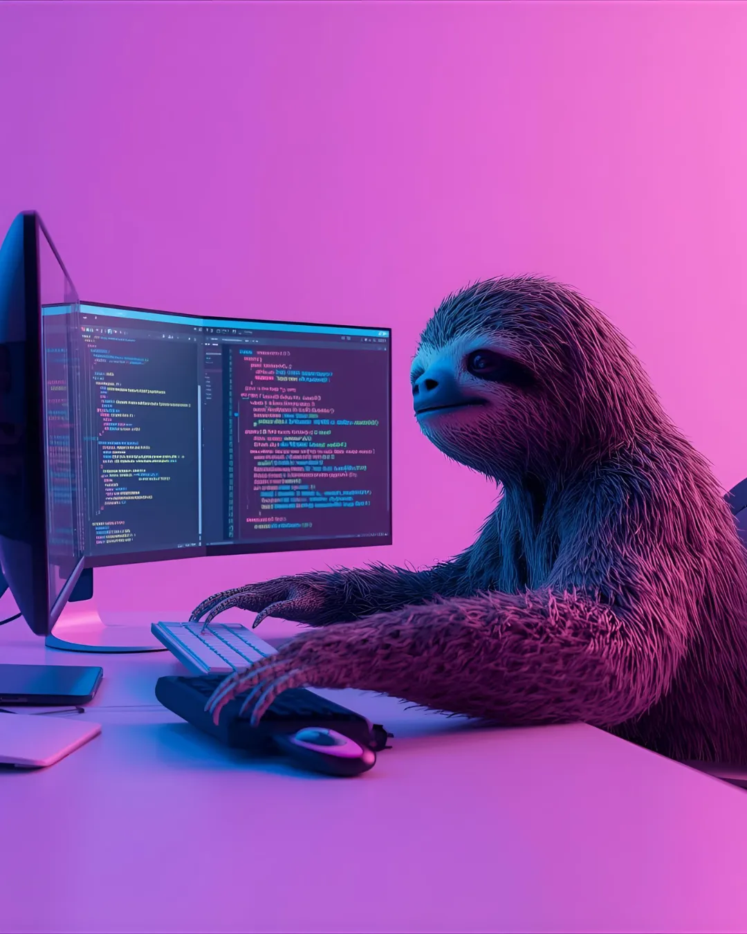 A sloth coding at a computer