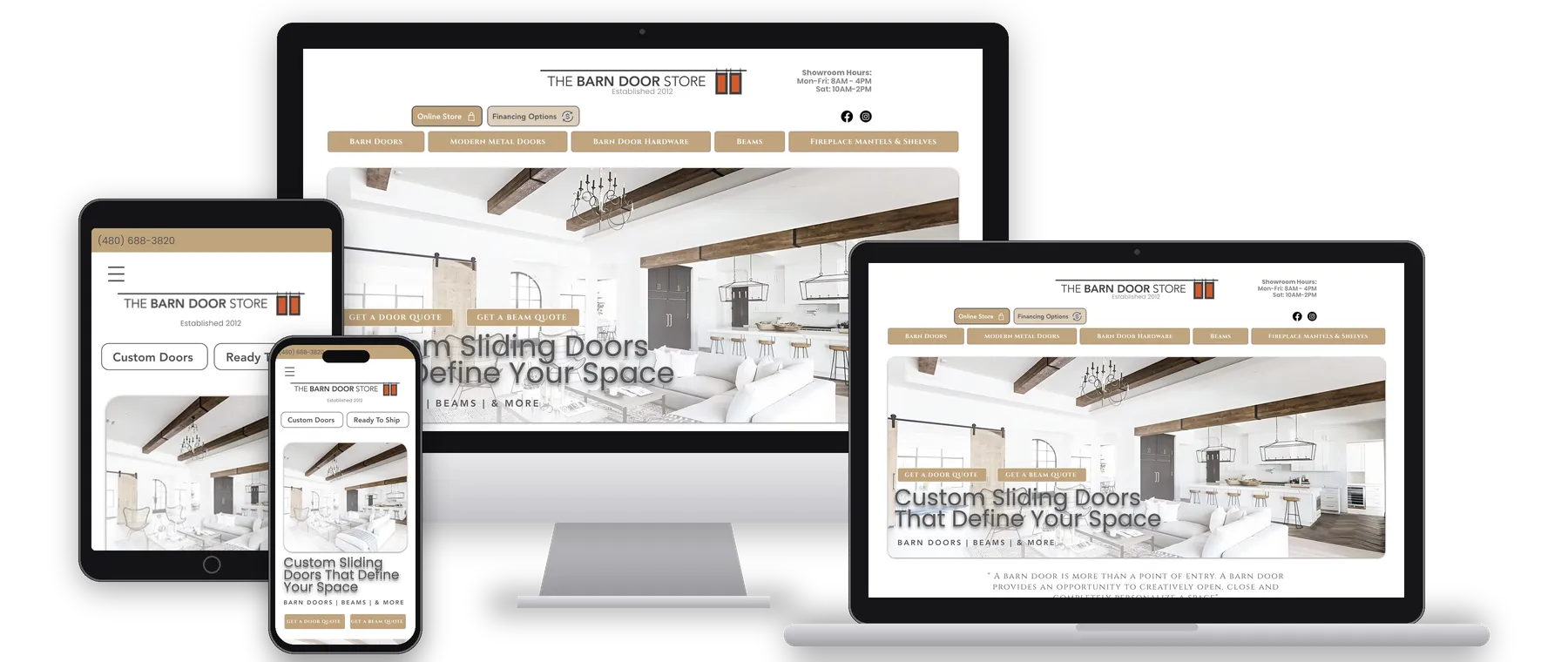 The Barn Door Store custom barn door website and online store shown on desktop, laptop, tablet and phone
