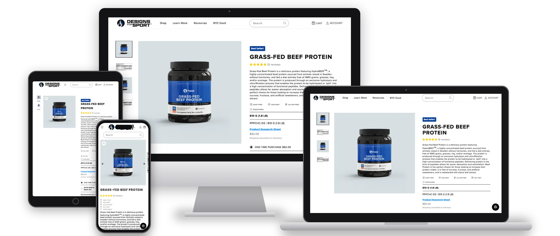 Designs for Sport grass-fed beef protein product page shown on desktop, laptop, tablet and phone
