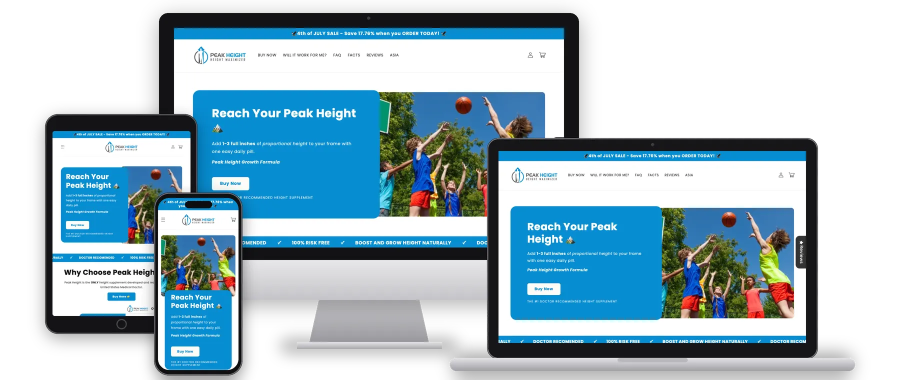 Peak Height supplement store shown on desktop, laptop, tablet and phone